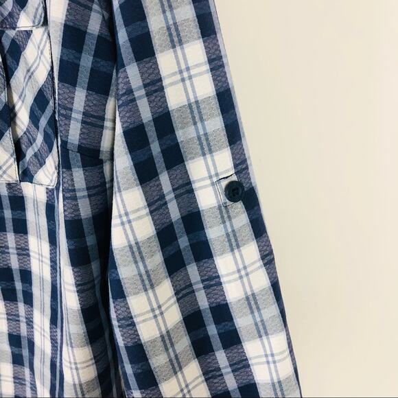 Eddie Bauer blue white plaid button front rip stop hiking camping shirt large - Picture 5 of 8